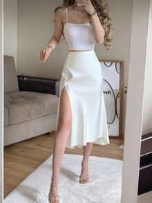 Nueva falda de satén con múltiples botones para mujer, ideal para primavera y otoño - Blanco - Ver 2