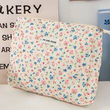 3pcs Set, Large/Medium/Small Multi-Size Large Capacity Layered Storage, Fresh Pastoral Ins Style Soft Lightweight Non-Pressing Luggage, Diamond Quilted Thickened Padded Skin-Friendly Breathable Water-Resistant Fabric, Portable Cosmetic Storage Bag, Korean Healing Floral Girly Style, Cream White Base Full Print Pink Blue Mini Wild Flower Plant Print, 3D Square Full Body Design Resistant To Collapse And Deformation - Multicolor - View 3