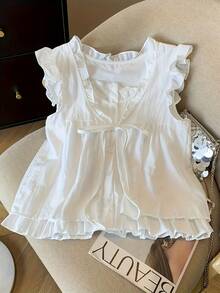 Elegante conjunto de dos piezas de imitación de camisa, vestido babydoll plisado, juvenil y holgado para mujer. - Blanco - Ver 1