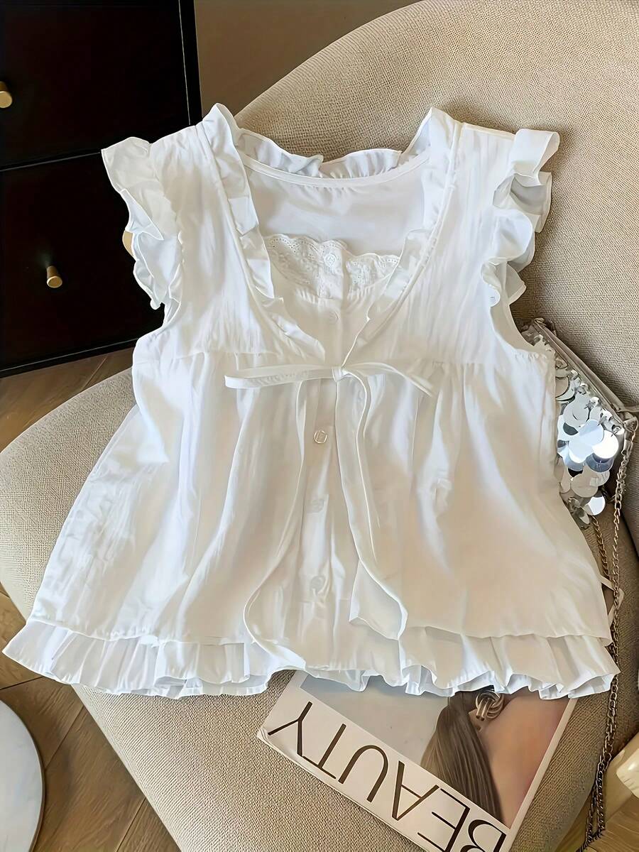 Elegante conjunto de dos piezas de imitación de camisa, vestido babydoll plisado, juvenil y holgado para mujer. - Blanco - Ver 1