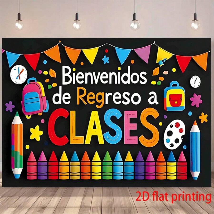 1 Stück Spanisches Hintergrundbanner für Schulanfang, aus Polyester, geeignet für den Schulanfang, "A Clases", Klassenzimmergestaltung, Geburtstag, Innen-/Außendekoration, Zuhause, Garten, Hofdekoration, universelles Thema, Klassenzimmer.