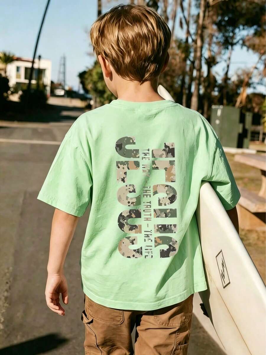 Tween Boys' Graphic Print Short Sleeve T-Shirt, Student Youth Casual Summer Top - Mint Green - View 1