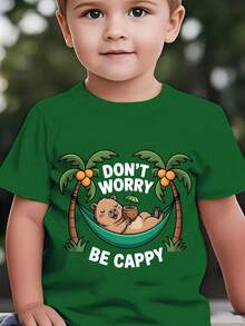 Fashionable Short-Sleeved T-Shirt For Children In Summer With The Print "DON'T WORRY BE CAPPY" And A Cartoon Capybara Lying In A Green Hammock Among Coconut Trees, Casual Top For E - 紅色 - 查看 6