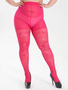 MOIRÉALLURE 1-Pair Women's Plus Size Stockings, Fashionable Rose Red Asymmetric Striped Jacquard Base Tights, Casual And Easy-Matching - Hot Pink - View 3
