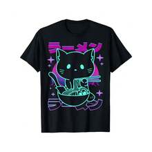 Retro Anime Cat Ramen T-Shirt – Unisex Kawaii Aesthetic Noodle 100% Black With Japanese Neon Design, Casual And Outdoor Wear For Men And Unisex - 黑色 - 查看 9