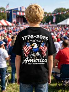 Boys' T-Shirt With American Flag And Bald Eagle For The 250th Anniversary (1776-2026) – 250th Anniversary Of Independence, Loose-Fitting Eagle Print T-Shirt, Gift Idea - 黑色 - 查看 2