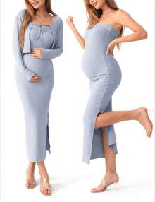 Elegant Two-Piece Ribbed Knit Maternity Set, Casual Fitted Style For Baby Shower - Blue - View 9