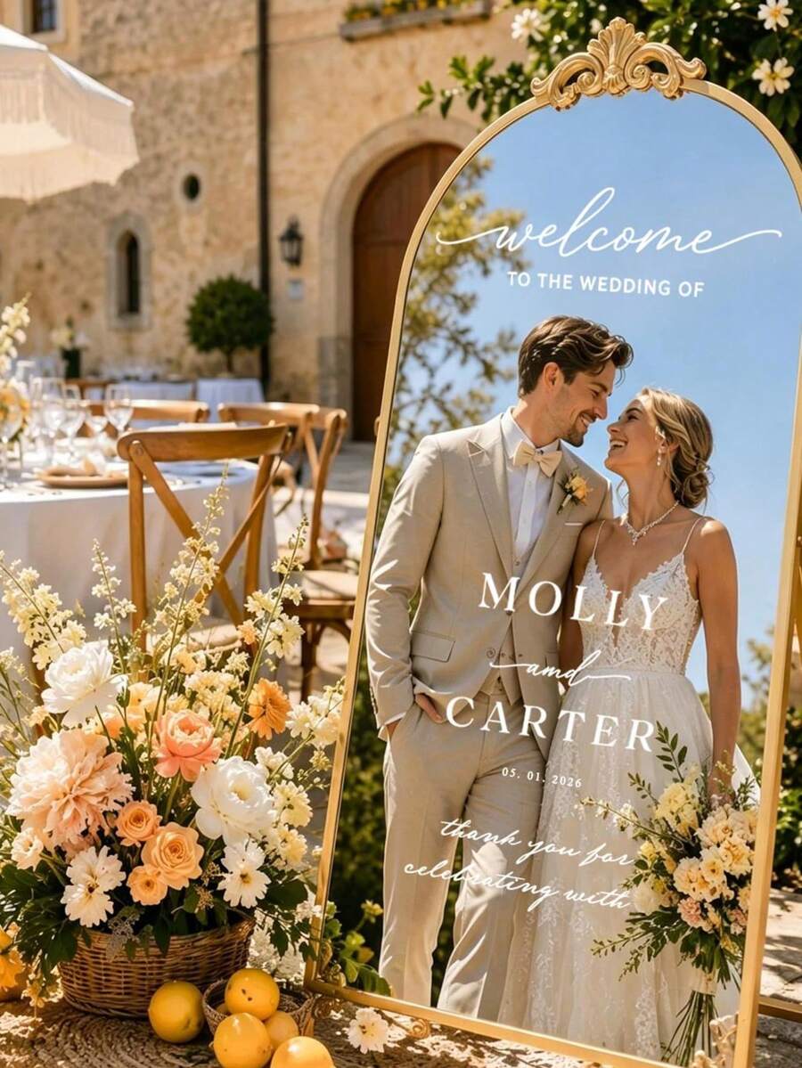 客製化鏡面貼紙婚禮裝飾 - 婚禮標誌裝飾 DIY 婚禮貼紙 - 鏡面貼紙「歡迎參加婚禮」 - 客製化鏡面字母貼紙貼花 - 新婚燕爾 - 婚禮婚姻裝飾/現代婚禮歡迎牌/個性化新郎新娘姓名與日期/鏡面貼紙 - 新娘婚前派對 - 彩色 - 查看 1
