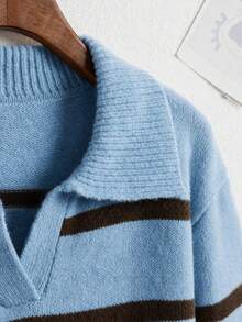 Women's Winter Top,Colorblock Striped Long Sleeves Collared Sweater,Knit Pullover For Casual Daily Street Wear,Preppy Style Back-To-School Outfits - Blue - View 3