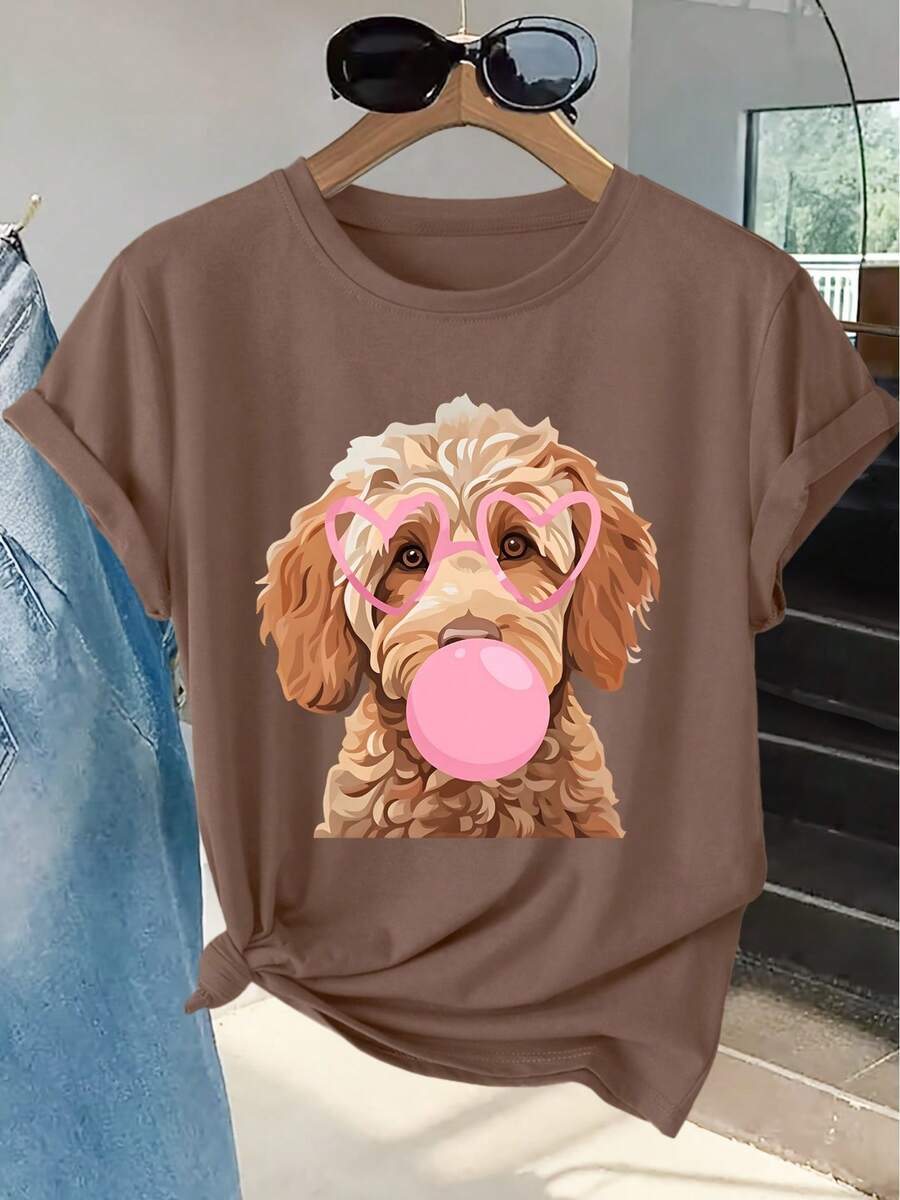 Women's Short-Sleeved T-Shirt With A Fun "Bubblegum" Poodle Print, Round Neck, Machine Washable, Skin-Friendly, Soft, Breathable, Suitable For Spring. - Burgundy - View 1