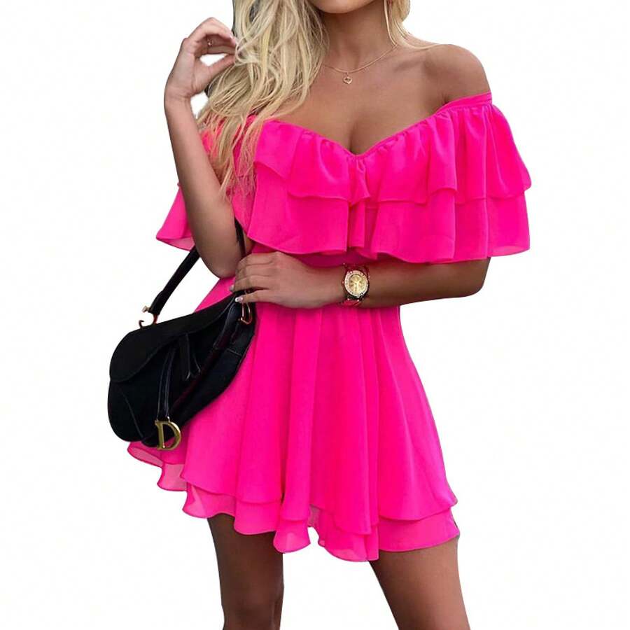 New Summer Dress, Popular, Fitted, V-Neck, Off-The-Shoulder, A-Line Cut. - Hot Pink - View 1