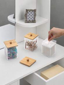 1/2/3 Packs Square Qtip Holder - 12 Oz Bathroom Organizers And Storage Containers, Plastic Apothecary Jars With Bamboo Lids For Cotton Ball, Cotton Swab, Floss - Multicolor - View 4