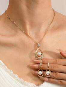 Ensemble de bijoux élégant 3 pièces avec perles en forme de double larme et strass, collier et boucles d'oreilles pour femme, accessoires de mariage et de fête - Doré - Voir 3