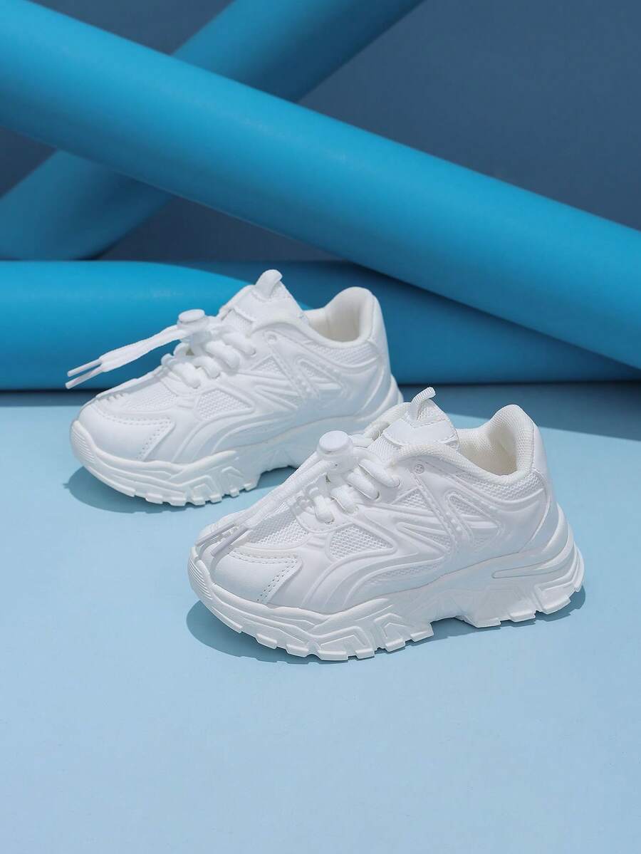 1 Pair White Student Running Sports Shoes, Breathable Mesh - White - View 1