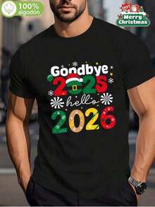 Men's T-Shirt New Year Goodbye 2025 Hello 2026, 100% Cotton 220g, Christmas Print With Santa Hat And Candy, Perfect For New Year's Celebrations, Comfortable And High Quality - 黑色 - 查看 1