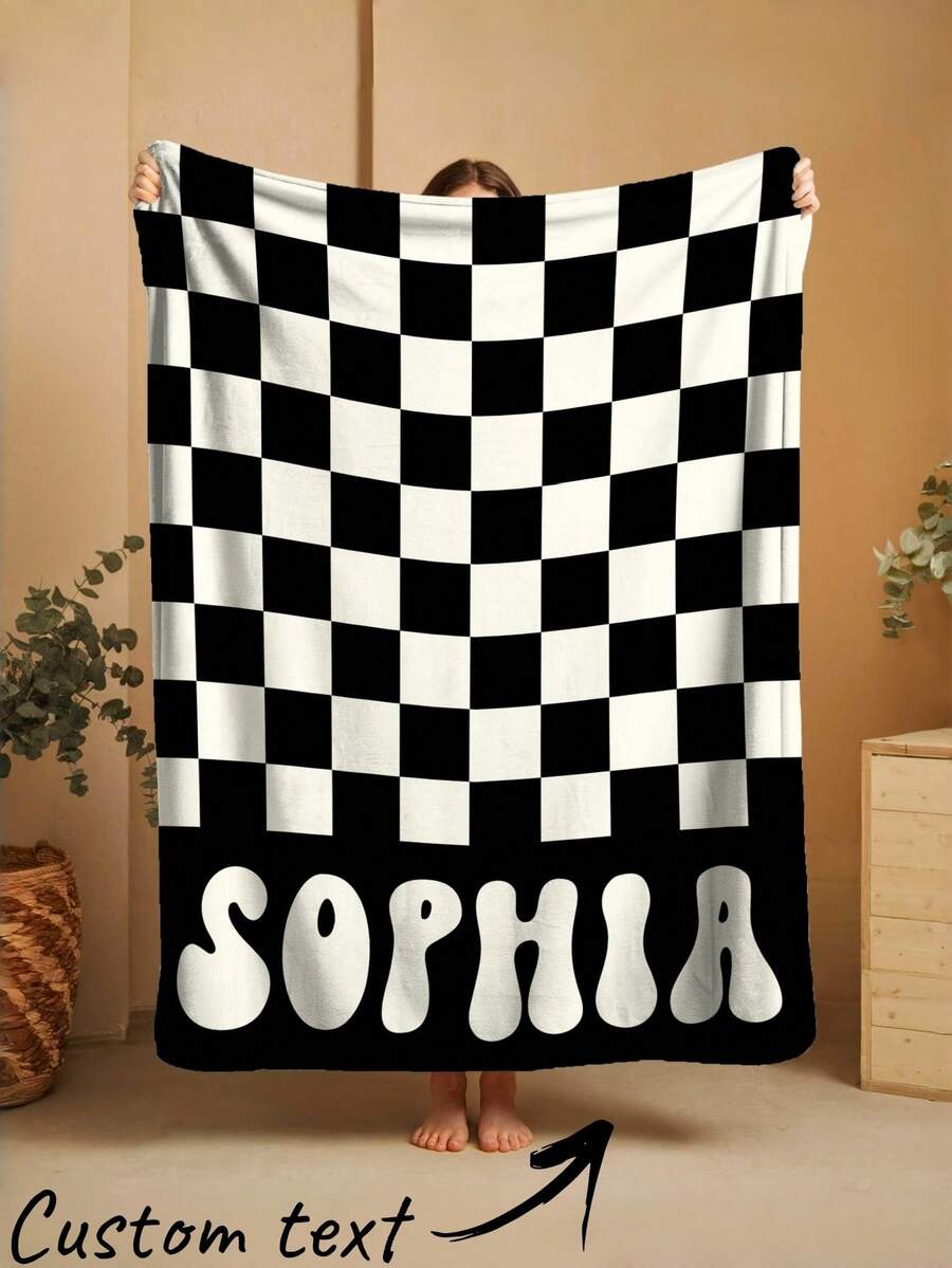 1pc Personalized Text Flannel Blanket, Customizable With Your Name, Multiple Colors Available, Plaid Pattern Design, Soft And Warm Commemorative Blanket, Perfect For Holiday Gifts To Classmates, Friends And Family, Suitable For Napping And Camping - Multicolor - View 1