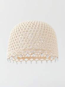 Conjunto 2 em 1 para mulher com chapéu de croché feito à mão decorado com pérolas e lenço triangular, bandana de malha fina vazada, estilo boémio, para primavera/outono, adequado para praia, viagens e uso diário - A - Ver 5