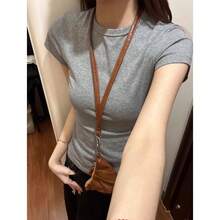 Camiseta verano gris mujer cuello redondo manga corta ajustada adelgazante para combinar - Blanco grisáceo - Ver 5