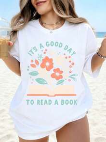 Es un buen día para leer un libro, camiseta floral para amantes de los libros, para mujer, de verano, de playa, casual, de corte holgado, para entusiastas de la lectura, idea de regalo. - Blanco - Ver 1