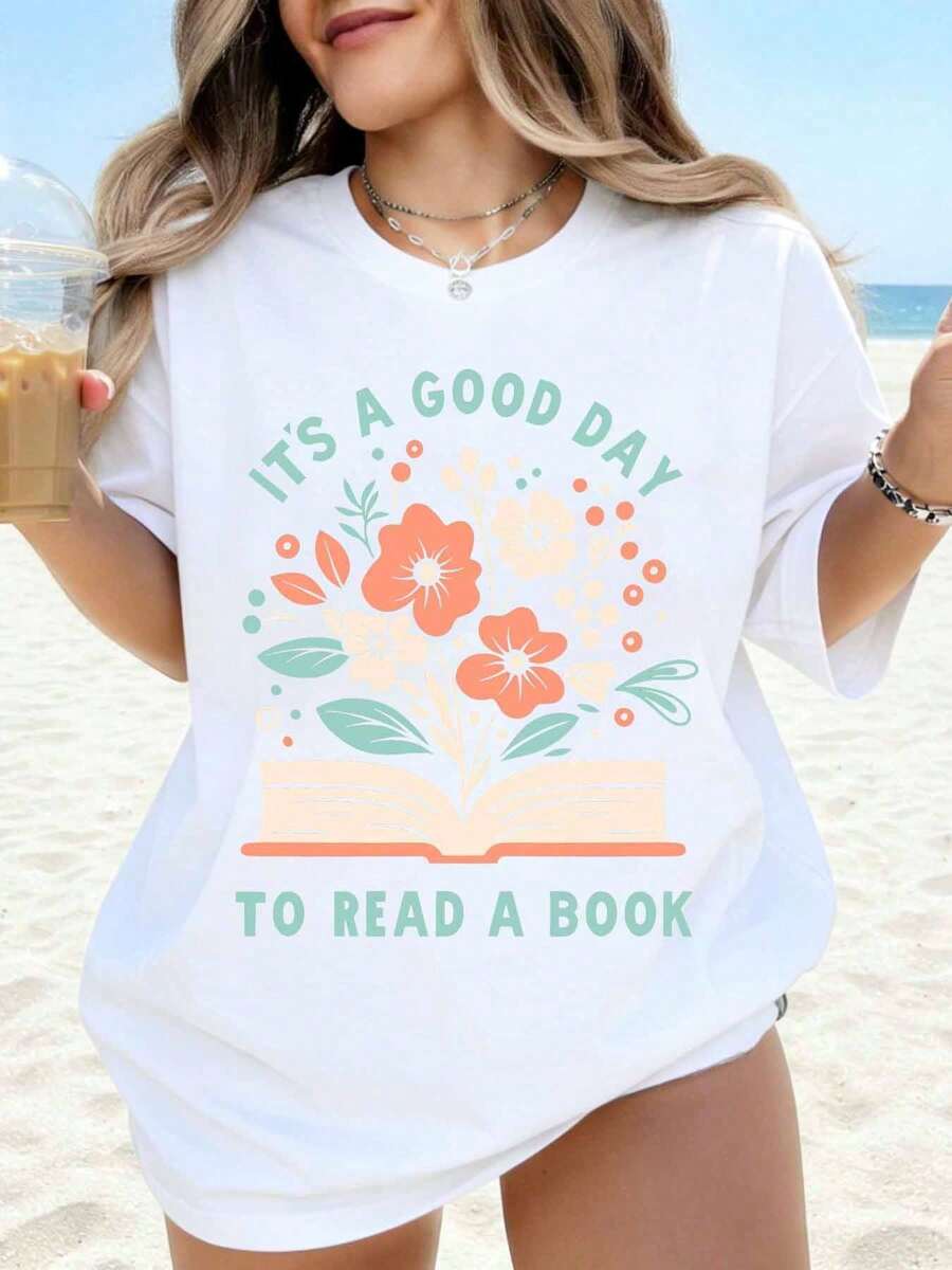 Es un buen día para leer un libro, camiseta floral para amantes de los libros, para mujer, de verano, de playa, casual, de corte holgado, para entusiastas de la lectura, idea de regalo. - Blanco - Ver 1