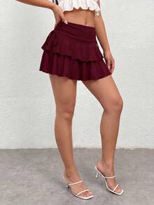 Women's High-Waisted Culottes With Side Drawstring And Tiered Ruffles, 2 Colors Available, Y2K Style Casual Mini Skirt For Summer Vacation And Urban Style. - Burgundy - View 3