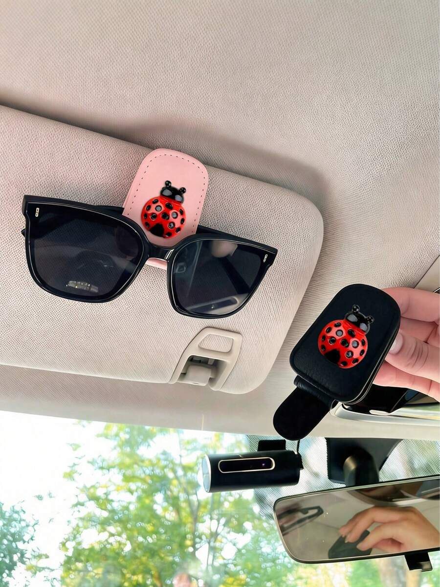 Ladybug Car Sunglasses Clip, Creative Car Sun Hat Eyewear Frame, Lady's Business Card Holder, Car Interior Accessories, Car Essential Items, Car Parts, Women's Car Accessories - 黑色 - 查看 1