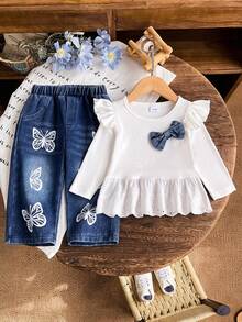 Baby Girl Spring/Autumn Casual Fashion 2-Piece Set, Denim Big Bow White Ribbed Lace Ruffle Long Sleeve Top + Butterfly Print Gradient Denim Long Pants - White - View 3