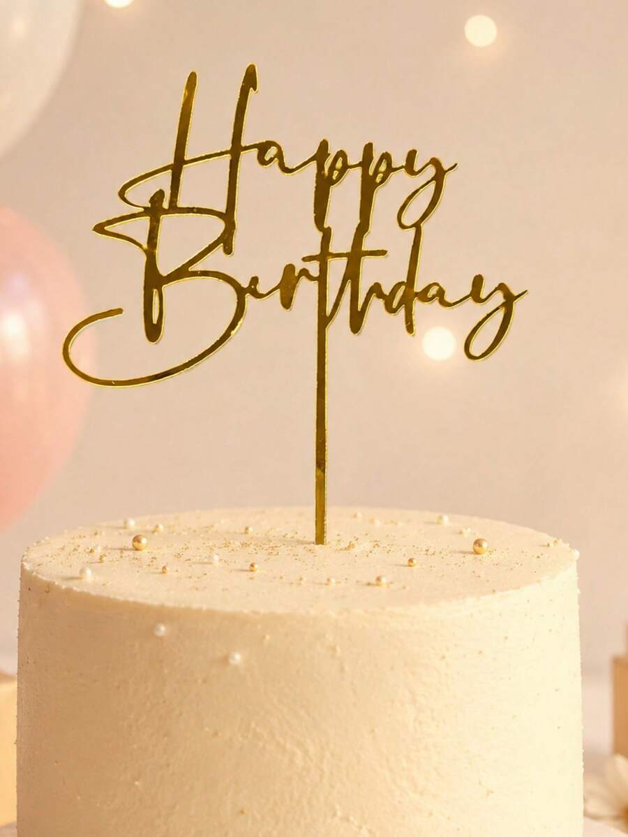 3件組金色鏡面壓克力生日快樂蛋糕插牌，草寫Ins風蛋糕裝飾插棒，亮面金屬感生日甜點桌飾，高級壓克力奶油生日蛋糕插牌