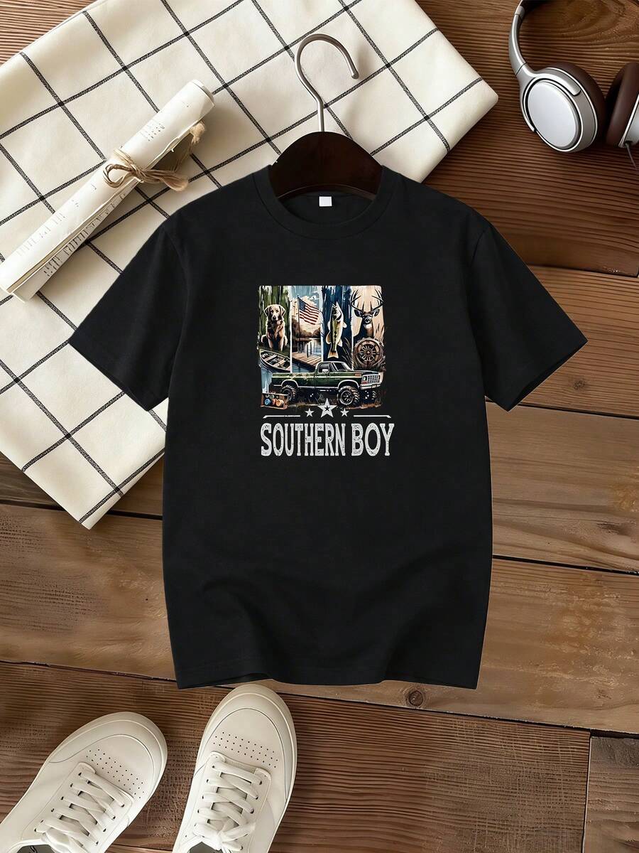 Camisetas para niños y adolescentes, con un estampado creativo y único de "Car and Puppy SOUTHERN BOY", de manga corta, con un diseño elástico y transpirable, adecuadas para jugar al aire li - Negro - Ver 1