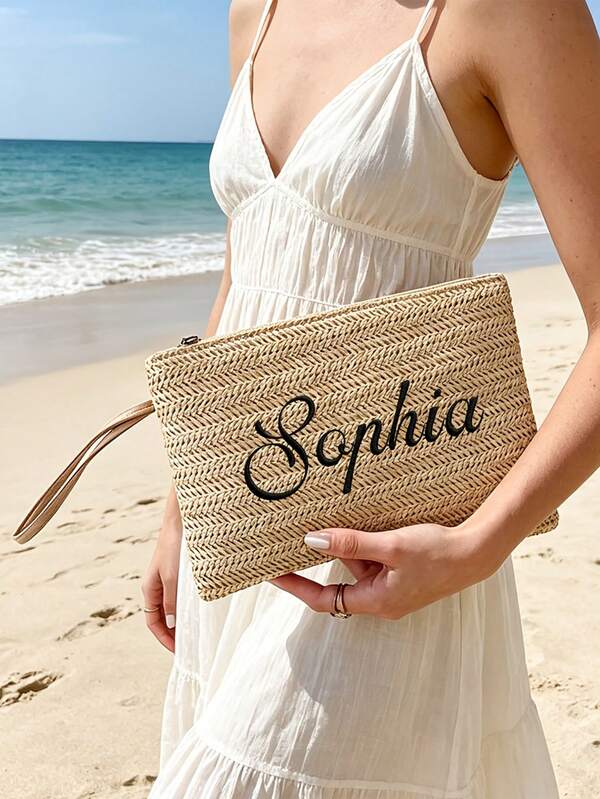 Personlig anpassad clutchväska i flätat halm med namn, bohemisk stil med dragkedja och handledsrem, tärnsminkväska, sommarstrandsemester clutch