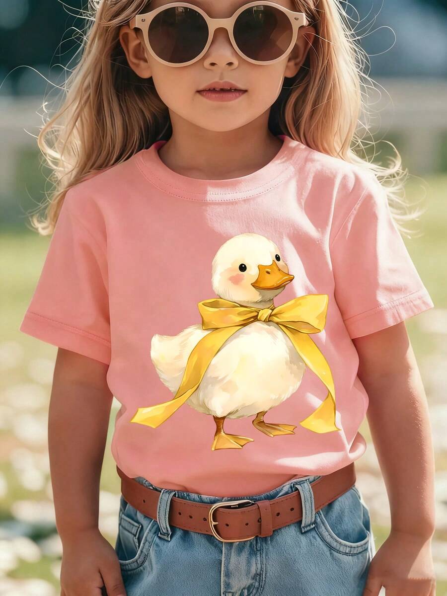 Girls' Short-Sleeved T-Shirt, Summer Style, With "Duckling With Bow" Cartoon Print, Versatile Casual Top NY-DX9851 - 軍綠色 - 查看 1