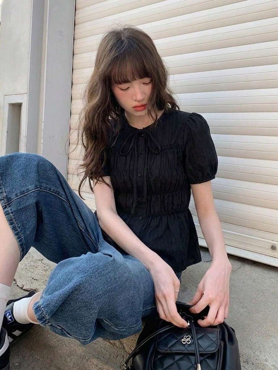 女款純色抓皺收腰花瓣袖紋理襯衫,黑色,夏季 - 黑色 - 查看 1