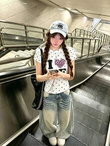 愛心字母波點 Y2K 短袖上衣，夏季修身顯瘦圓領 T 恤，女款休閒白色 - 白色 - 查看 1