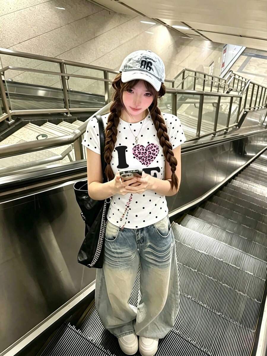 愛心字母波點 Y2K 短袖上衣,夏季修身顯瘦圓領 T 恤,女款休閒白色 - 白色 - 查看 1