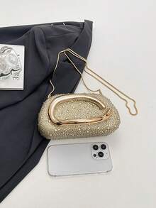 Women's Rhinestone Rounded Rectangular Evening Clutch, Front Curved Oval Handle Handbag, Fashion Crossbody Bag, Suitable For Wedding, Ball, Valentine's Day Party - Gold - View 9
