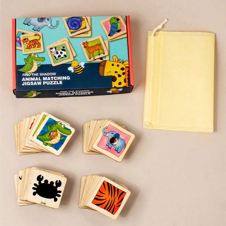 1 Set Shadow Animal Matching Puzzle With Storage Bag Box, Wooden Puzzle For Children Animal Cognition And Logical Thinking Training