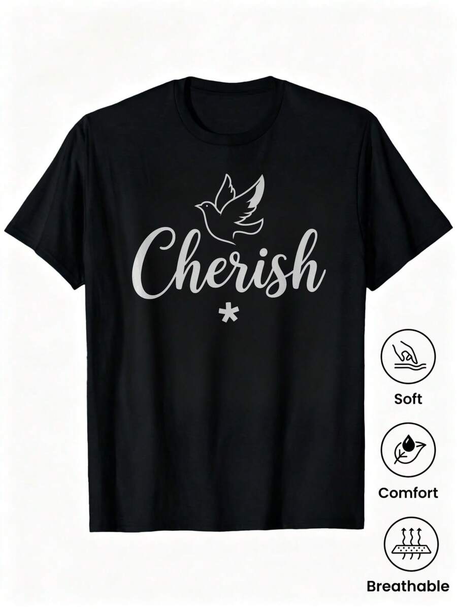 1pc Women's T-Shirt, Men's T-Shirt, Round Neck, Youthful Urban Style, Cherish With Dove, For Men And Women, Ideal For Daily Wear - 黑色 - 查看 1