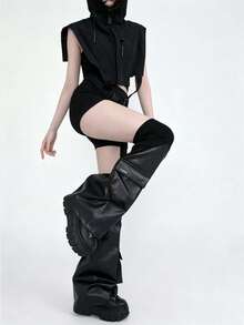 1 Pair Y2K Subculture Black Leather Patchwork Ribbed Hot Girl Style 3D Pocket Tech Stacked Socks And Slim-Fit Leg-Lengthening Leather Leg Warmers - Black - View 10