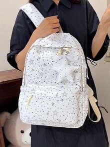 1 pieza Mochila con patrón de estrellas para niñas, mochila de nailon para adolescentes con cierre de cremallera, gran capacidad, sin colgante - A - Ver 4