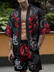 Setelan 2 Potong Kasual Pria Gaya Jepang Musim Panas Motif Kartun Bunga Kimono Pendek - Hitam - View 1