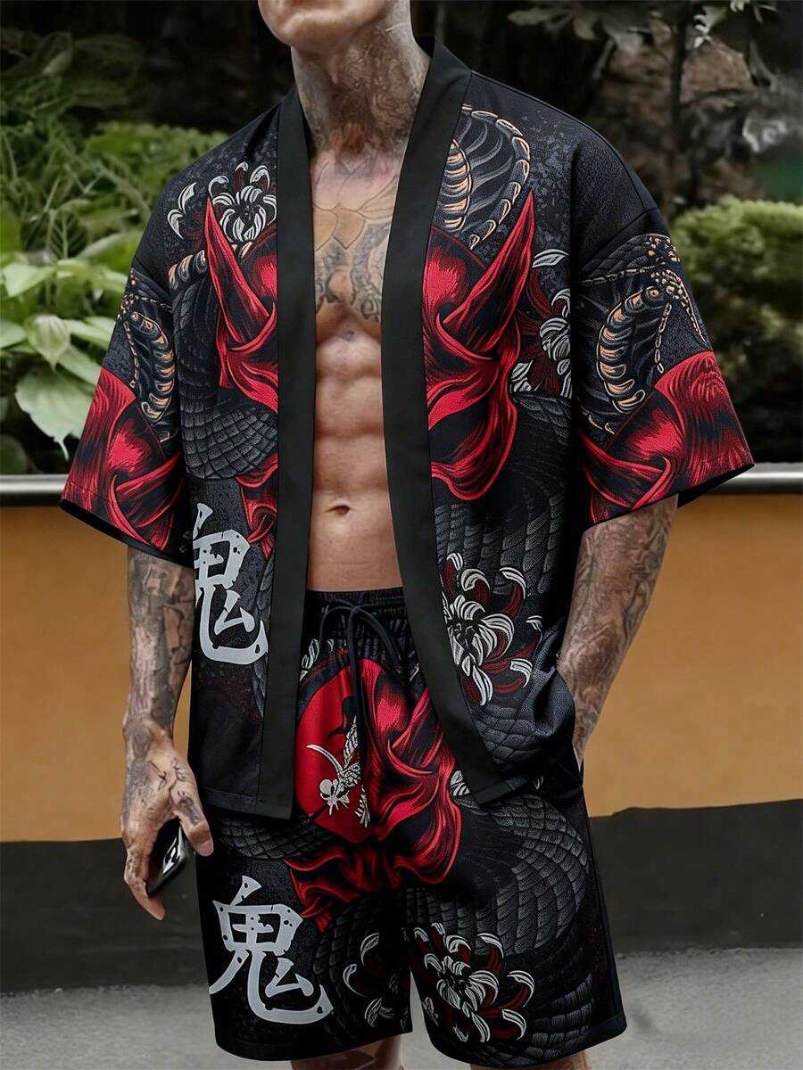 Setelan 2 Potong Kasual Pria Gaya Jepang Musim Panas Motif Kartun Bunga Kimono Pendek - Hitam - View 1