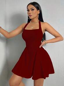 Vestido corto casual de verano, de cintura baja, sujetado, de tela lisa, para vacaciones de mujer - rojo intenso - Ver 3