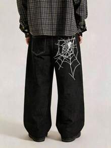 Fashionable Street Hiphop Spider Web Embroidery Straight Loose Wide-Leg Jeans For Men - Black - View 1