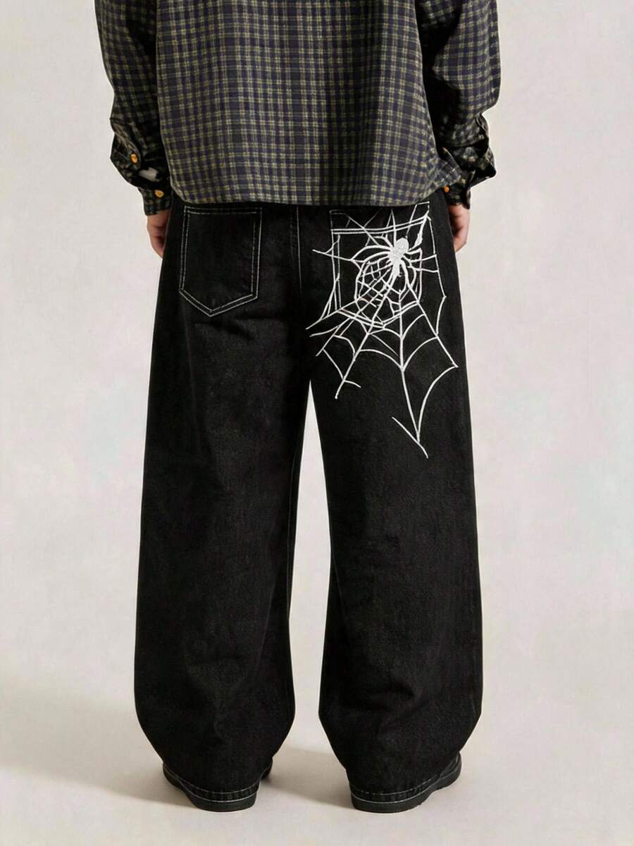 Fashionable Street Hiphop Spider Web Embroidery Straight Loose Wide-Leg Jeans For Men - Black - View 1