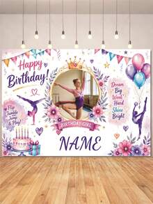 Customizable Name Photo Age Gymnastics Girl & Ballerina Theme Happy Birthday Watercolor Gymnastics Pose Silhouette, Triangle Bunting, Balloons, Floral Cake Elements, Encouraging Slogan Matching Gymnastics Dream Theme, Suitable For Gymnastics & Ballet Girl Birthday Party, Training Team Celebration, Sports Theme Photo Backdrop Vinyl Banner - Multicolor - View 3
