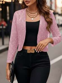 Chaqueta cárdigan de lentejuelas con purpurina para mujer, tejido plisado con lámina dorada, manga 3/4 y corta, casual de negocios para mujer - Rosa - Ver 6