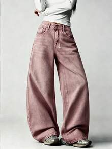 1pc American Street Style Women's Embroidered Loose Wide Leg Jeans Fashion All-Season Long Pants Casual Fall - Red - View 4