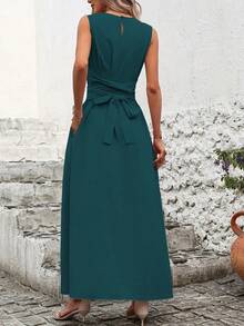 Sleeveless Casual Dress With Back Tie. Solid Color, Cool And Versatile. - Green - View 11