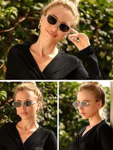 1 Paar Retro ovale Modegläser, Damen kleine Metallrahmen Modegläser, Damen Modegläser, Strandaccessoires, Damenbrillen, Herbst/Winter Basic Damenbekleidung, Business lässig Geschenk, Preppy Schulanfang Saison Katzenaugenform - schwarzgrau - Übersicht 2