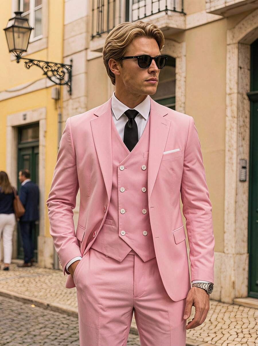 Men's Fashion New Solid Color Slim Fit Stretch 3 PiecesSuit Set, Including Double-Breasted Blazer, Vest, And Pants, Business Work Formal Wear - Pink - View 1